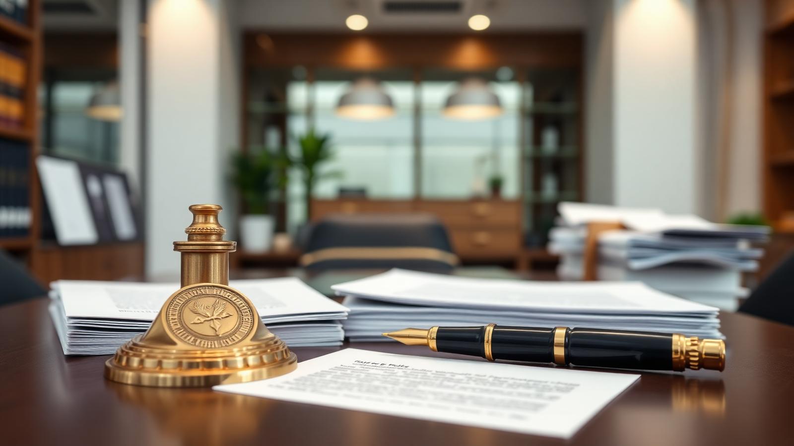 Notary seal, fountain pen and legal documents on a desk at Hinds Law Office
